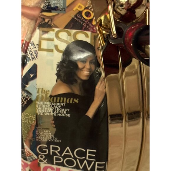Michelle Obama Collage Round Handbag With Red Handle & Gold Accents - Statement - Picture 5 of 16